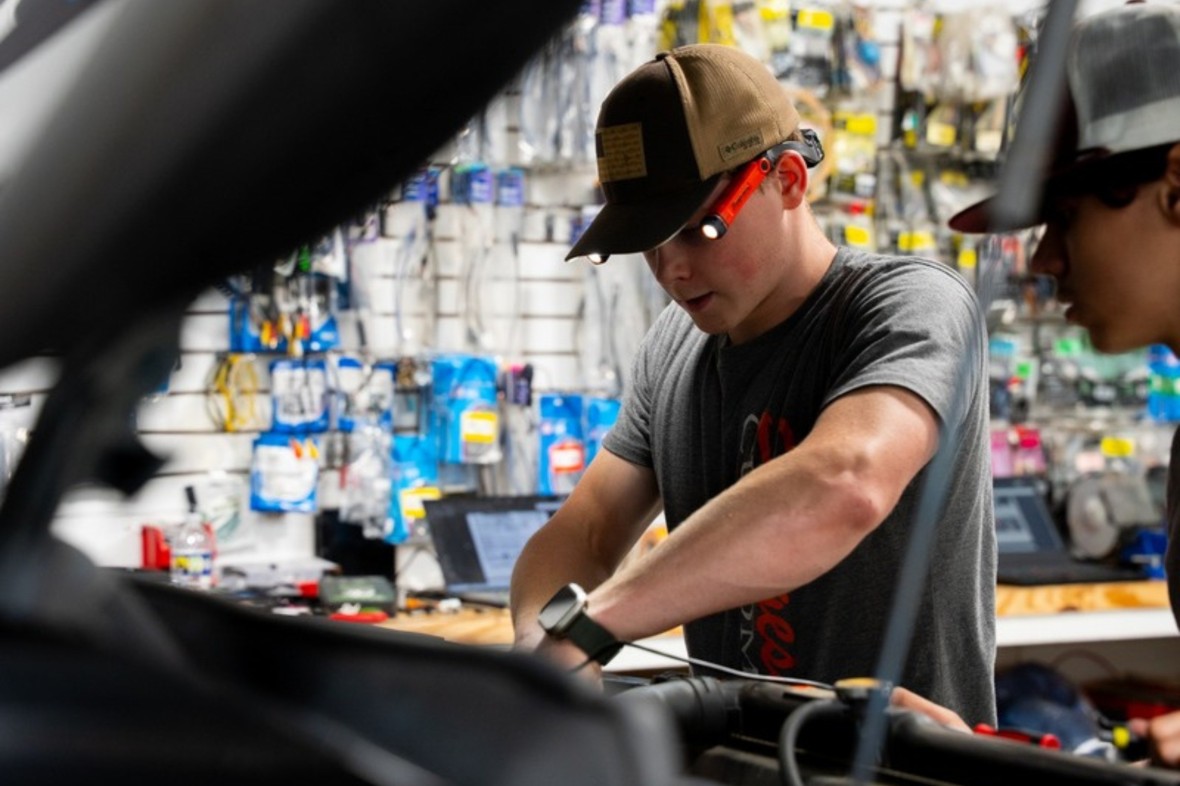 Customer custom work, in progress or finished, shop-floor context — installed by Sturgess Customs