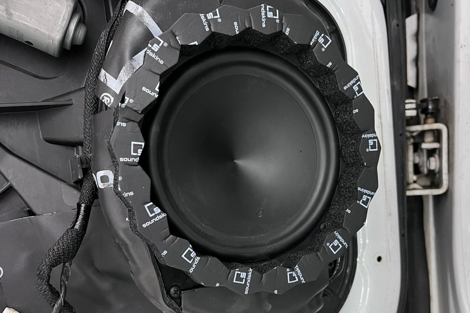 CLD mat applied to door interior, partial coverage — installed by Sturgess Customs