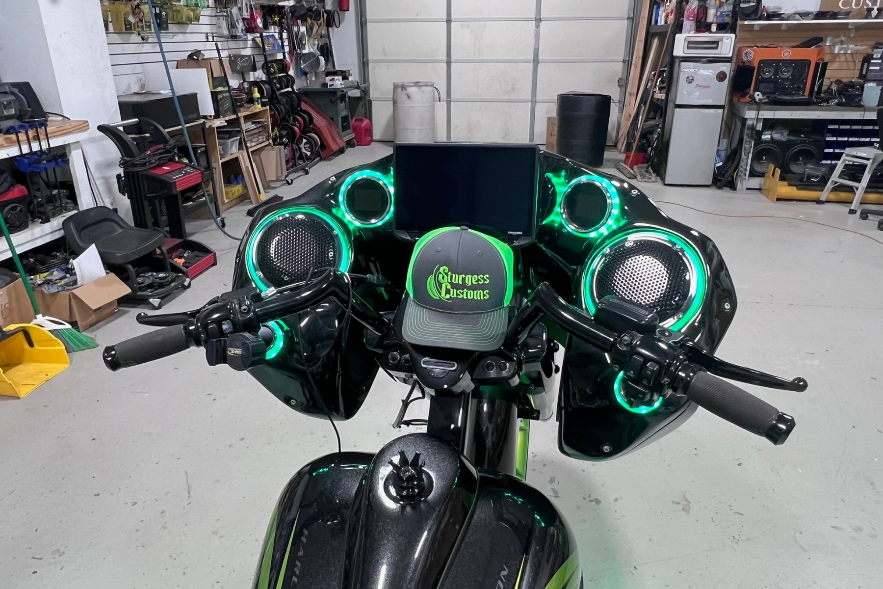 Harley-Davidson audio installation in progress at the shop &mdash; installed by Sturgess Customs