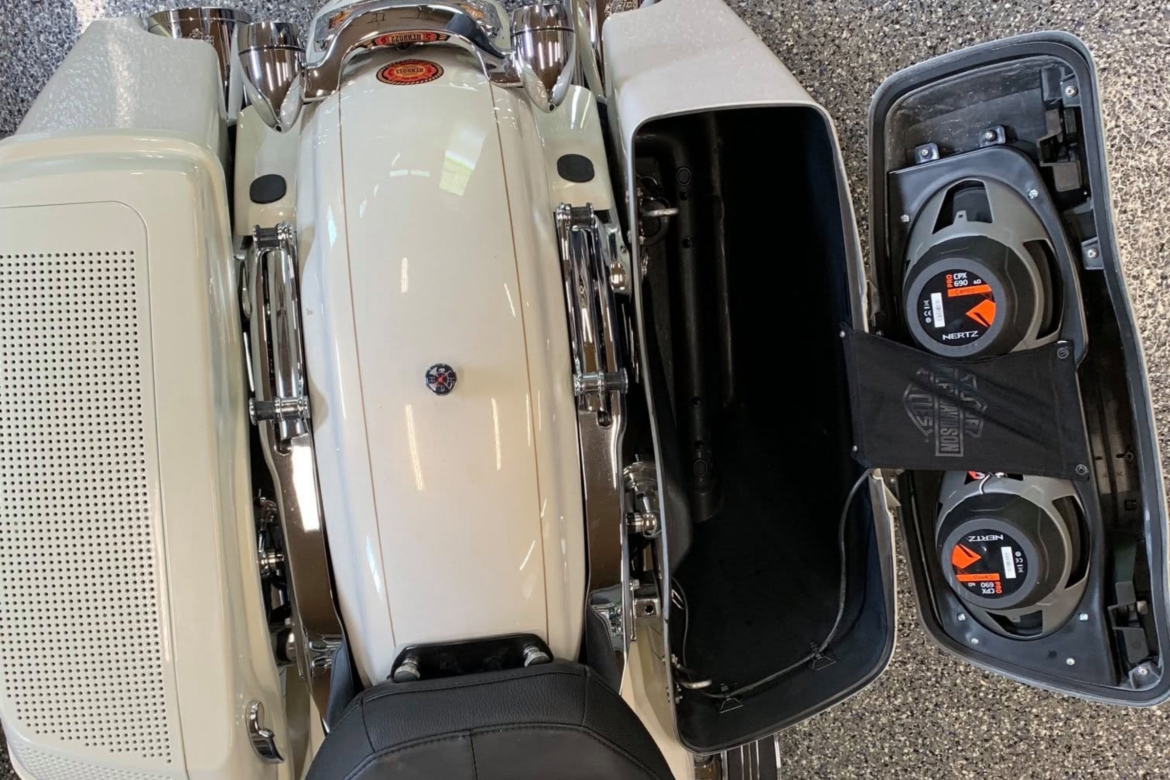 Full touring build with front and rear speaker zones &mdash; installed by Sturgess Customs