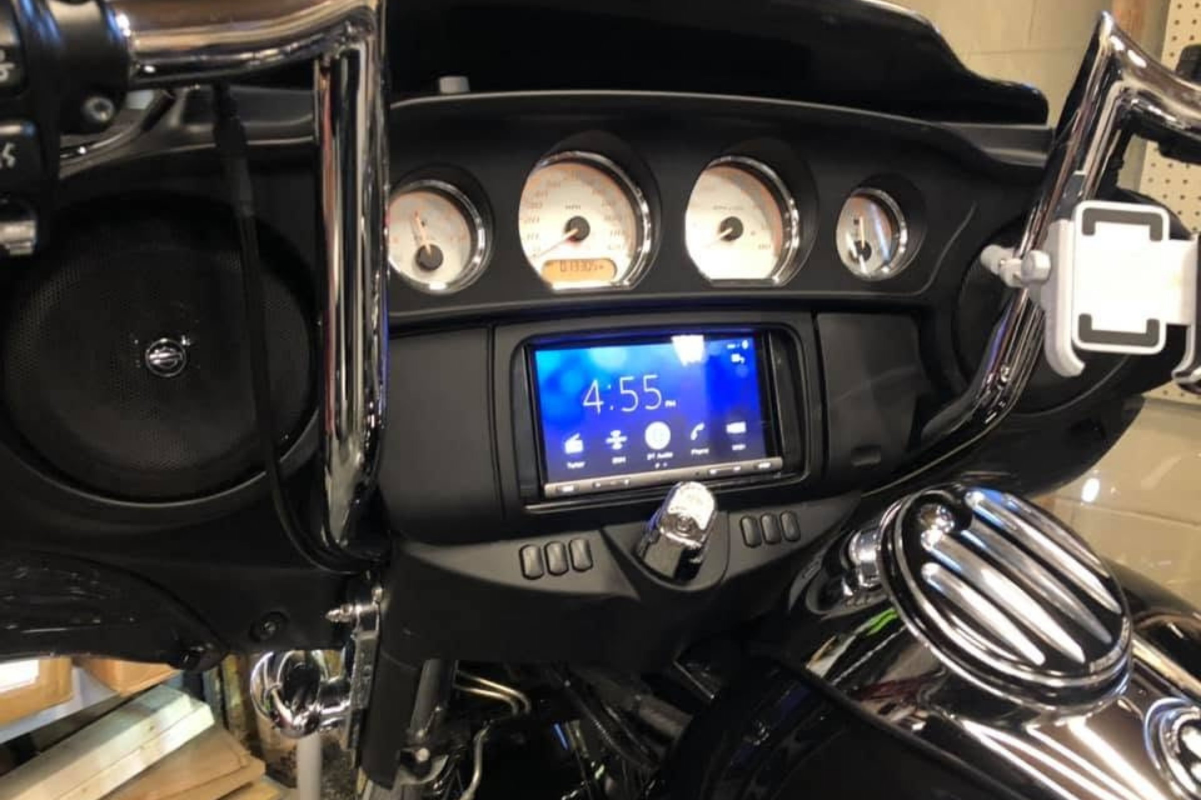Amp + DSP integration, or rider-position saddle view — installed by Sturgess Customs