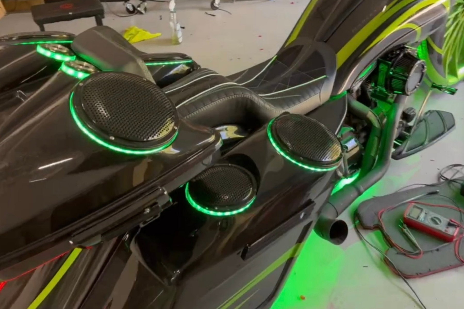 Tour-pak speaker placement on a real touring build — installed by Sturgess Customs