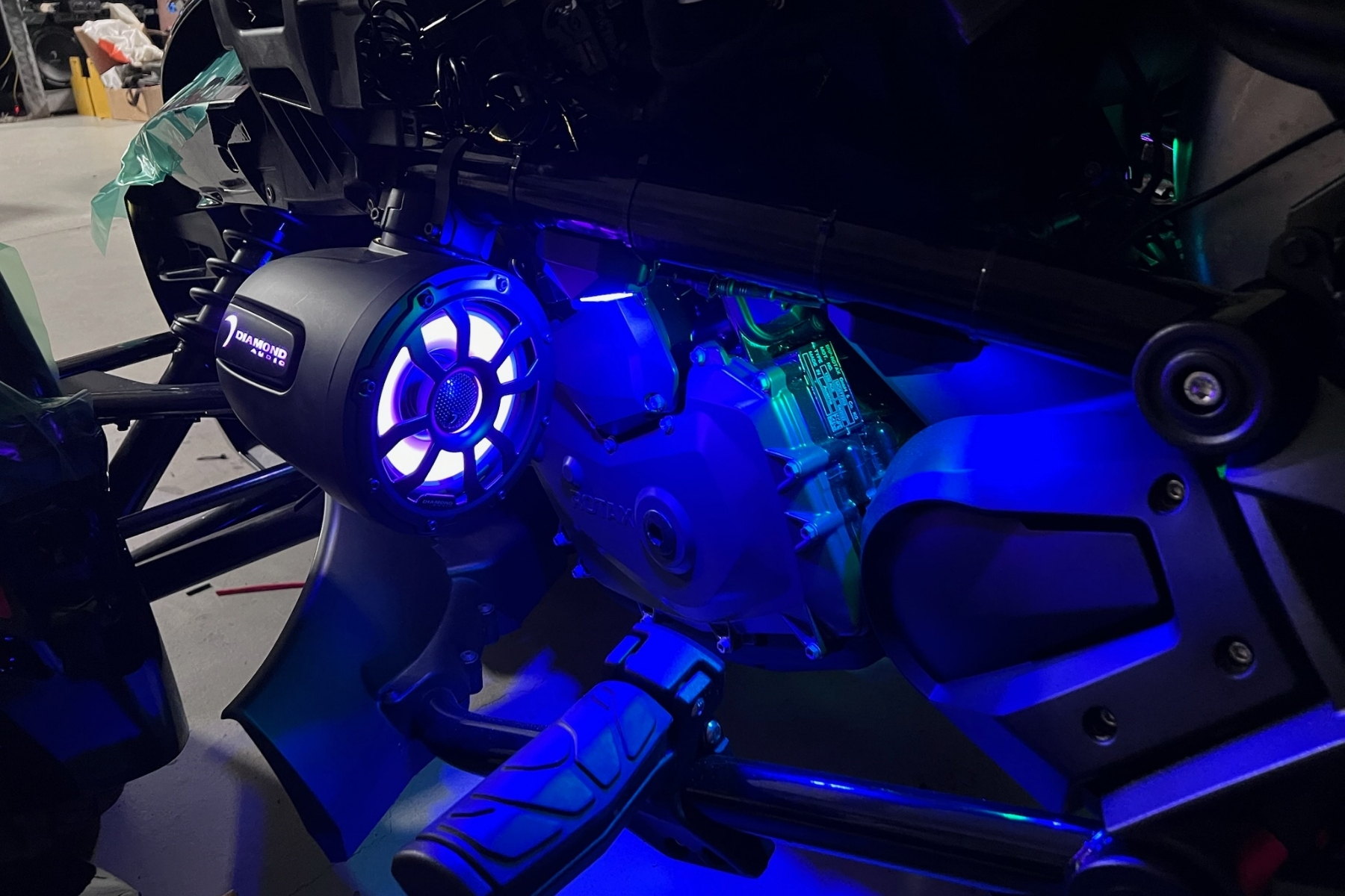 Speaker pods and amplifier mounted on a side-by-side — installed by Sturgess Customs
