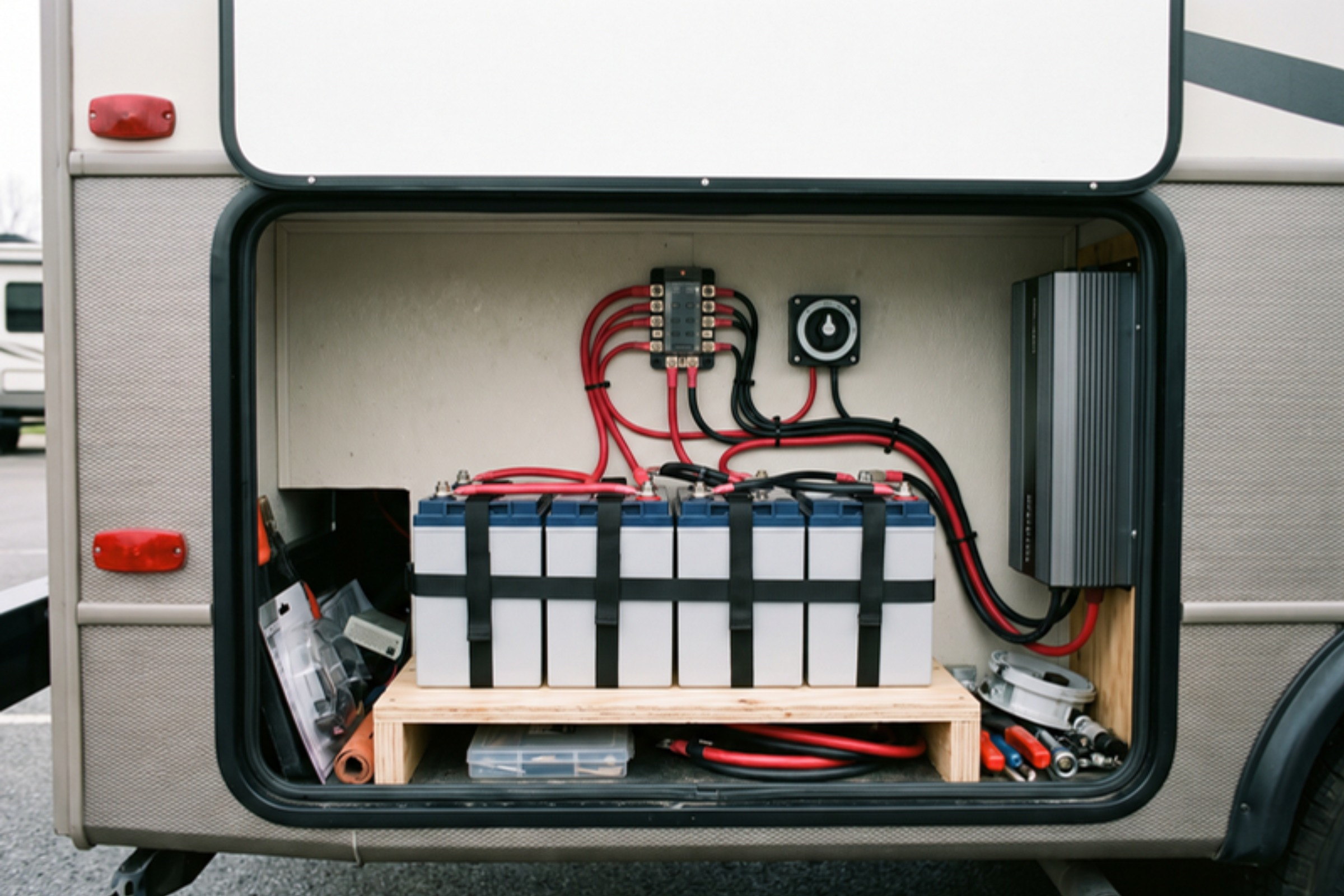 Battery/inverter install in storage bay, clean install evident, daytime — installed by Sturgess Customs