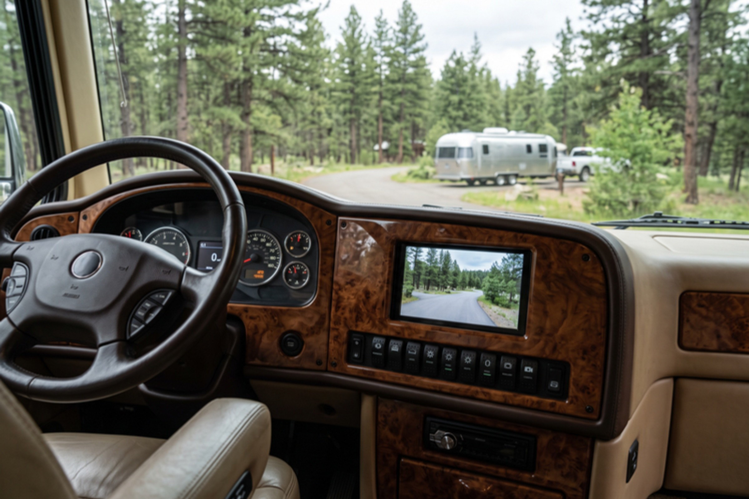 Camera display in dash context, real RV, daytime — installed by Sturgess Customs